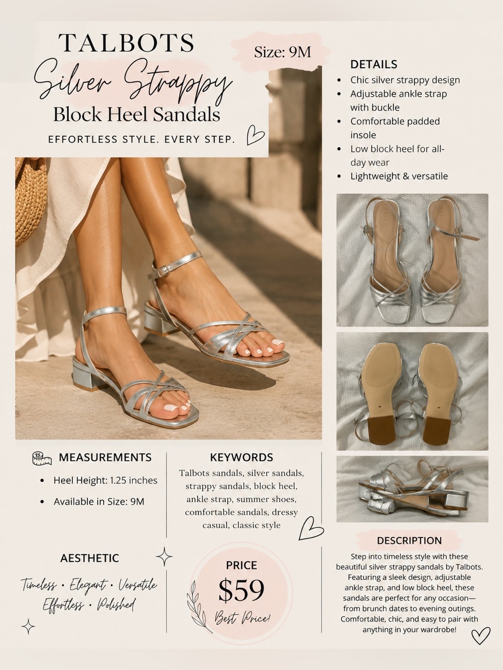 Talbots Silver Strappy Block Heel Sandals